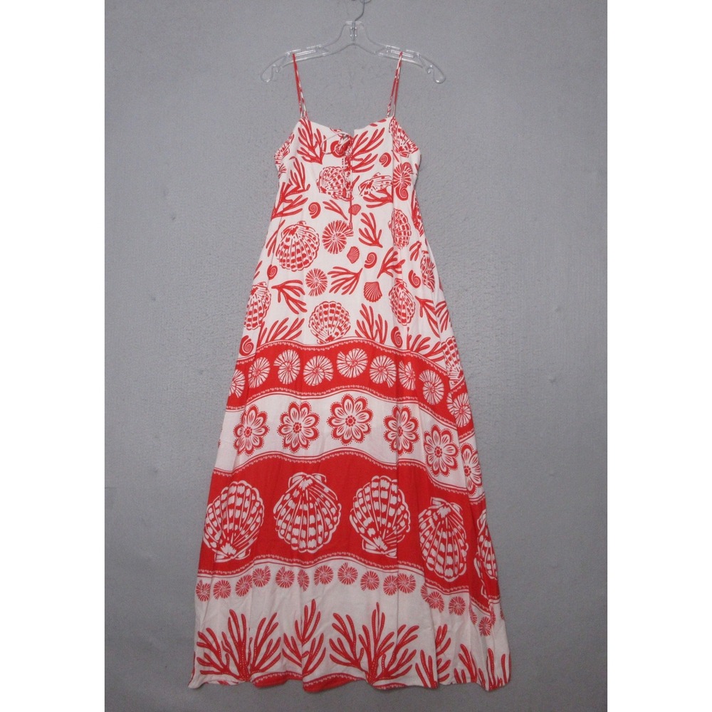 Calypso St Barth Maxi Dress Red White Linen Blend Boho Beach Pockets Resort